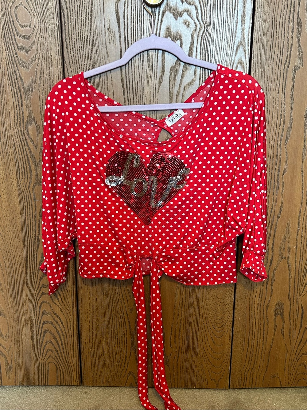 Polka Dot Tie-Front Crop Top with Sequin Heart